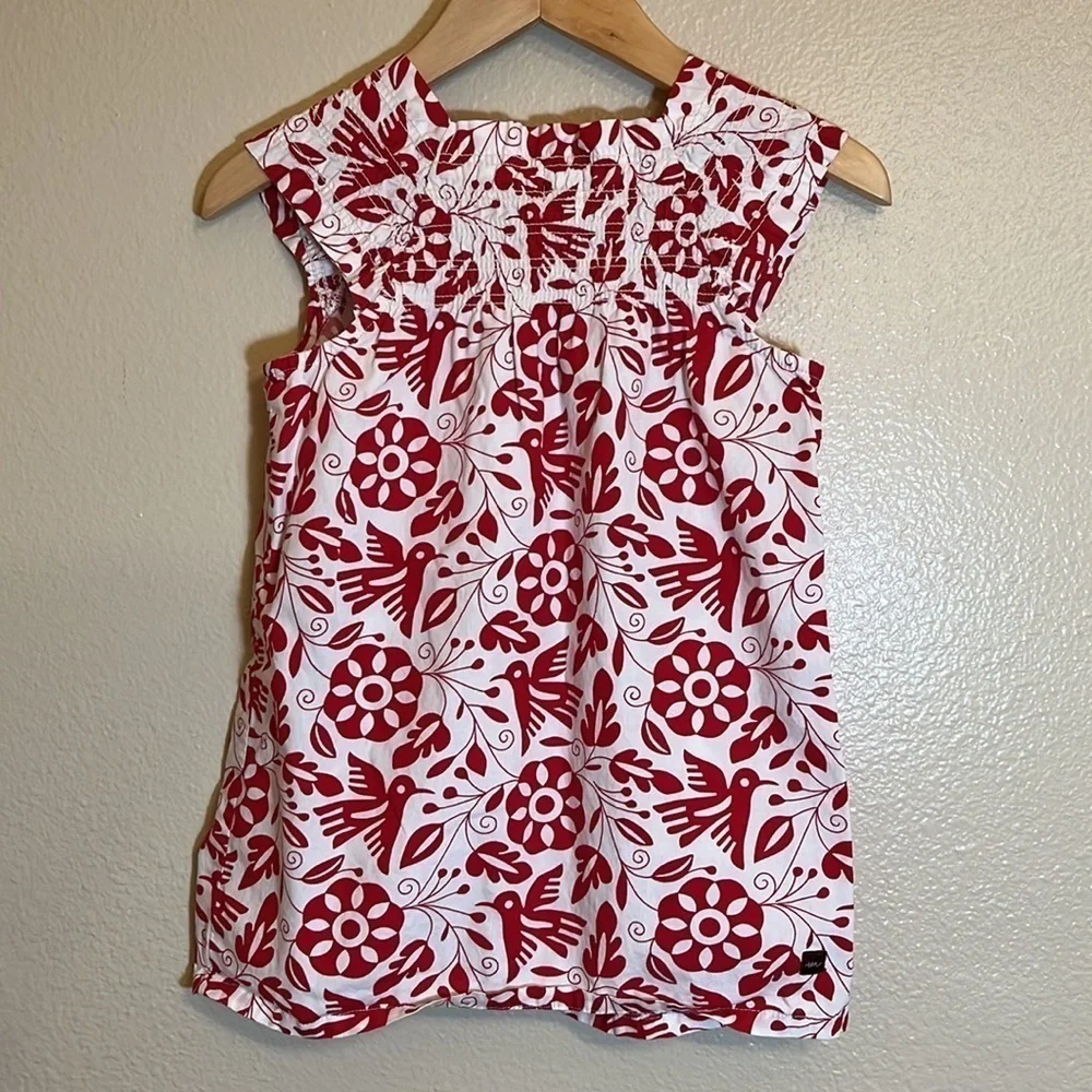 𝅺TEA Collection Red White Floral Birds Short Sleeve Dress